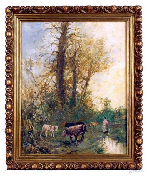 Paesaggio con contadina ed armenti, olio su tavola, cm. 41x32, firmato, entro cornice.