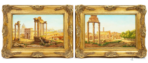 Coppia di dipinti raffiguranti scorci dei Fori Imperiali, olio su compensato, cm 20x30, XX secolo, entro cornice, (difetti)