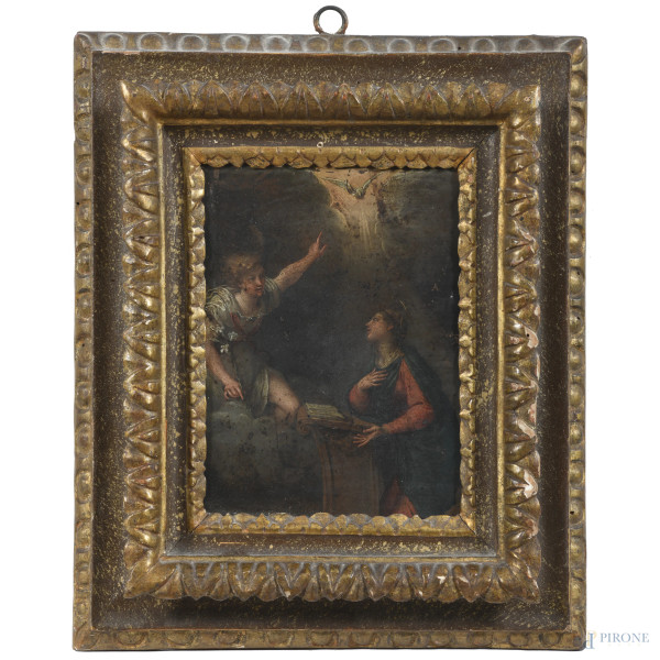 Annunciazione, XVIII-XIX secolo, olio su rame, cm 18x14, entro cornice, (segni di usura, abrasioni, graffi, restauri)