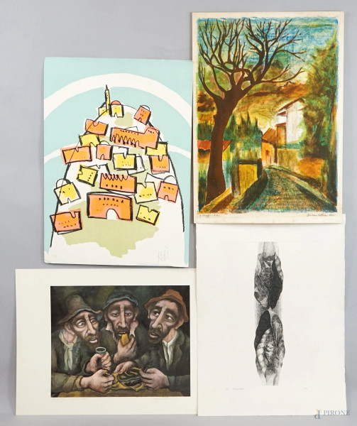 Lotto di 4 litografie di artisti  e soggetti diversi, cm 70x50