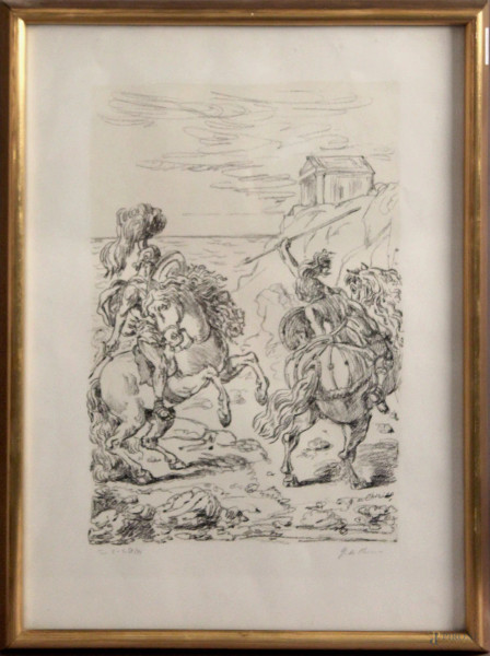 Giorgio De Chirico - Cavalieri, litografia, tav. 5 - es. 57/94, cm 61 x 44, entro cornice.