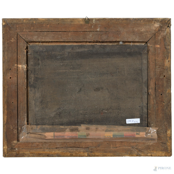 Coppia di dipinti raffiguranti paesaggi lacustri, olio su tavola, XIX-XX secolo, cm 24x33, entro ...