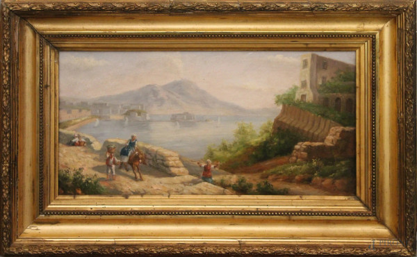 Scorcio di costa napoletano con figure su sfondo Vesuvio