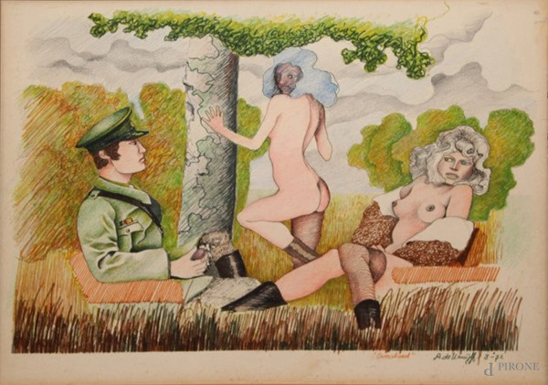 Scena erotica, acquarello su carta, cm. 37x27, firmato entro cornice.