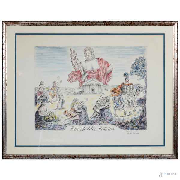 Giorgio De Chirico (1888-1978), Il trionfo della medicina, litografia, cm 60x77, firmato in basso a destra, P.A., entro cornice