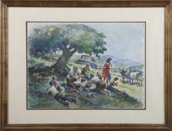Attalo (1894-1986), Picnic, disegno a tecnica mista su carta applicata su cartoncino, cm 37,5x51, firmato in basso a sinistra, entro cornice, (lievi segni di usura, piccolo foro e foxing)