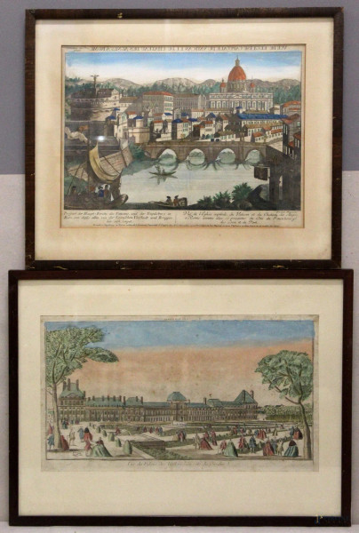 Lotto di due stampe ritoccate a soggetti di Roma e reggia di Versailles, 30x38 - 25x44 cm, XIX sec.
