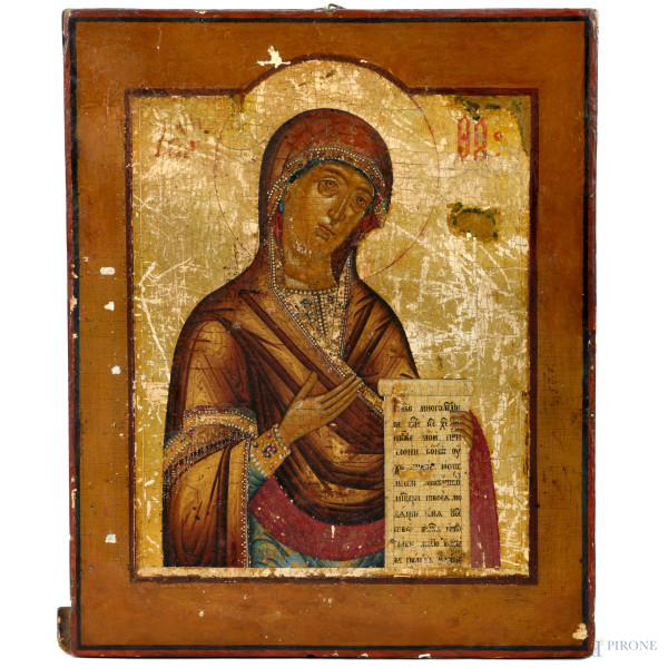 Icona raffigurante Madonna, tempera su tavola, XIX secolo, cm 33x27, (craquelere e cadute di colore)