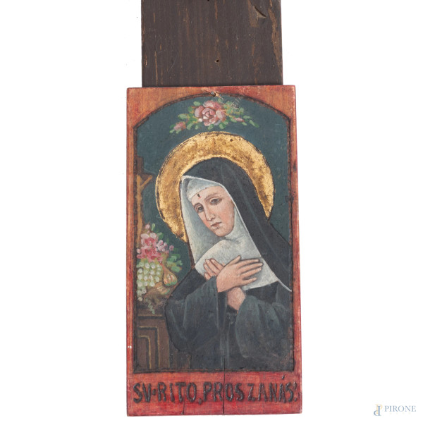 Crocefisso in papier mache, con due ex voto alla base, cm 138x66, XIX-XX secolo, (segni di usura,...