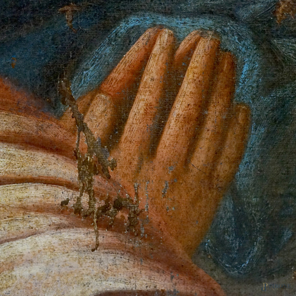 Pittore veneto del XVII secolo, L’Ultima Cena, olio su tela, cm 190x170, (difetti)