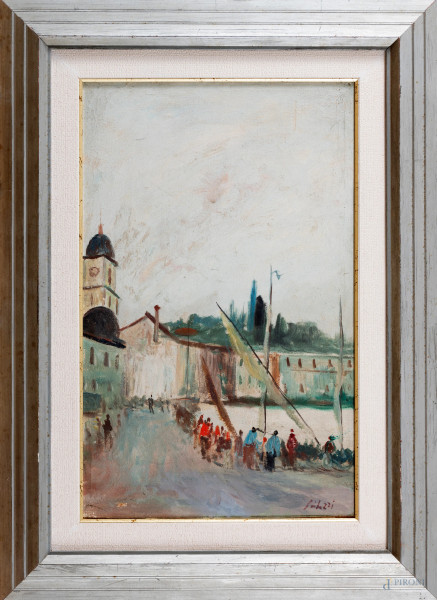 Scorcio di città portuale, XX secolo, cm 50x32, firmato in basso a destra, entro cornice, (abrasioni, cadute di colore, difetti)