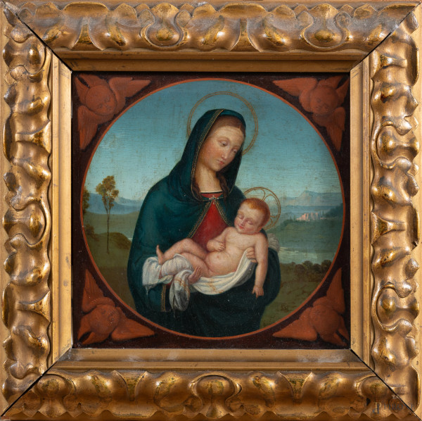 Mattonella dipinta con rappresentazione della Madonna con il Bambino, XX secolo, cm 19x19, entro cornice, (lievi segni di usura)