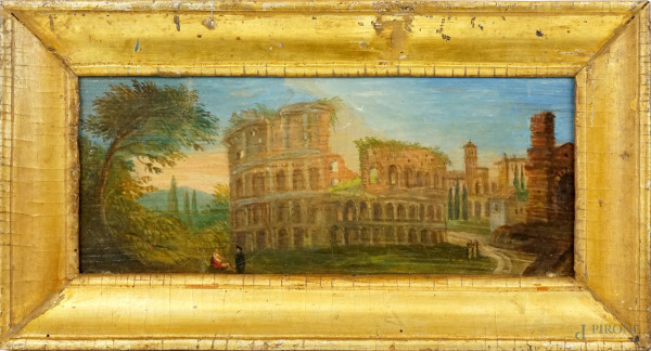 Colosseo, olio su rame, cm 11x26,5, inizi XX secolo, entro cornice.