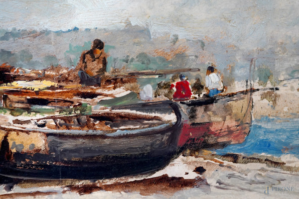 Ezelino Briante (1901-1971), Scorcio con imbarcazioni e figure, olio su cartone, cm 34,5x49,5, fi...