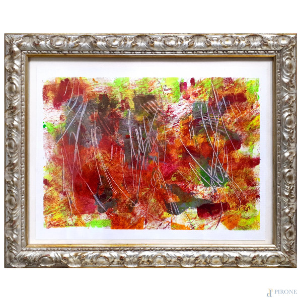 Amber Quill (1989), Superficie astratta, 2020, tecnica mista su tela, cm 38x37, firmato in basso a sinistra, con autentica