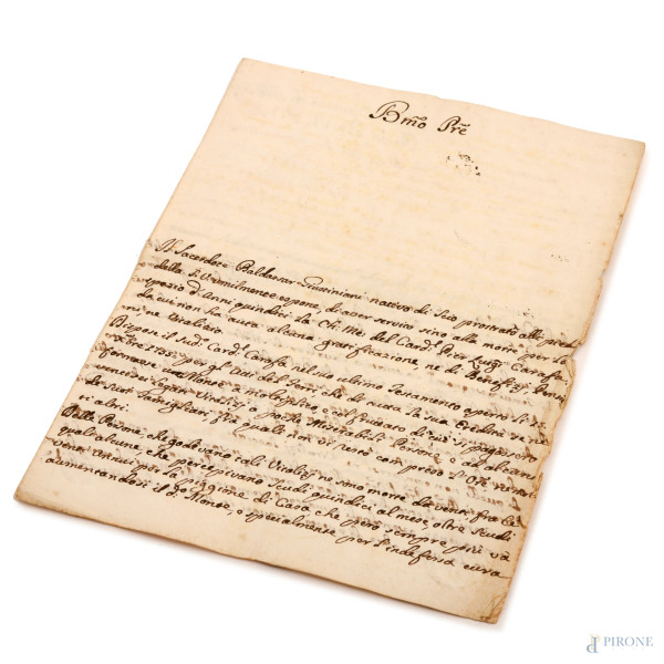 Manoscritto indirizzato "Alla Santità di N.ro Sig.re Papa Pio VI P.O.M.", 4 pp., (segni di usura del tempo, bruniture ai margini, piegature e strappi)