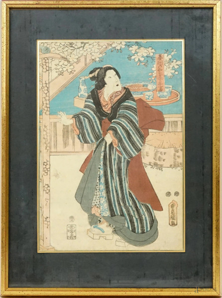 Bijin, stampa a colori, cm 34x23, Giappone, XIX secolo, entro cornice.