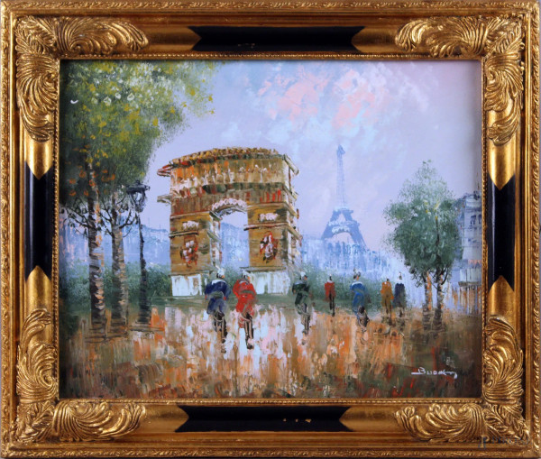 Scorcio di Parigi, olio su tela, cm. 40x50, firmato, entro cornice.