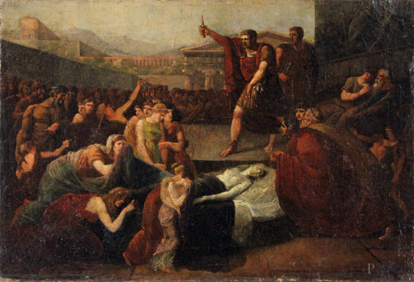 Pittore neoclassico, bozzetto raffigurante la morte di Lucrezia, olio su tela, cm. 30x44,5, fine XVIII-inizi XIX secolo.