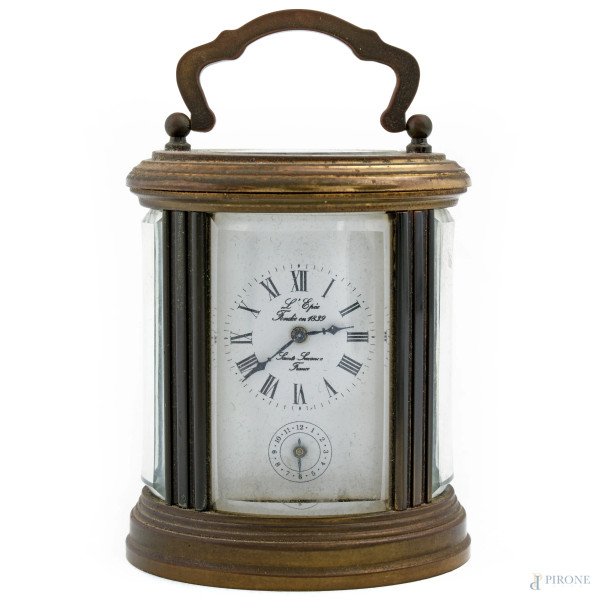 Cappuccina sveglia L'Epèe in bronzo con quadrante a smalto a numeri romani, cm 11x6,5x5,5, (da revisionare)