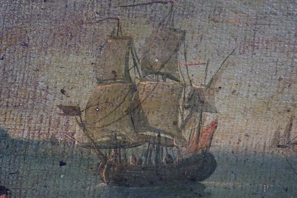 Veduta costiera con capriccio architettonico e figure, olio su tela riportata su cartone, cm 32,5...