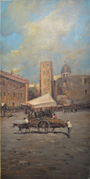 Piazza con mercato, olio su tela 100x50 cm, XX sec.