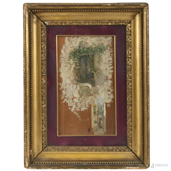 Balcone, XX secolo, olio su tavoletta, cm 29x17,5, entro cornice