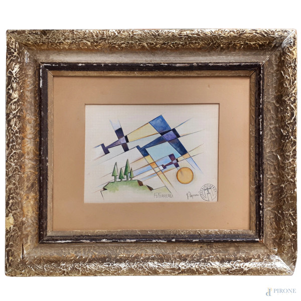Vittorio Caproni (XX sec.) Aeropittura, tecnica mista su carta a quadretti, cm 15x20, firma timbro e titolo, con cornice