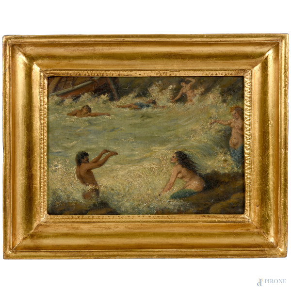 Luigi Galli (1822-1900), Le sirene, olio su tela, firmato e titolato al retro, cm 23,5x32, entro cornice, (difetti)