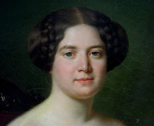 Joseph Jean Vaudechamp (1790-1864), Ritratto di gentildonna, olio su tela, cm 93x73,5, firmato e ...