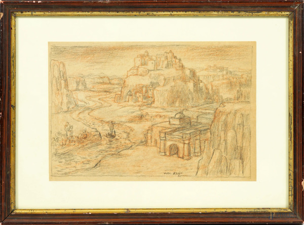 Paesaggio fluviale, XX secolo, matita e sanguigna su carta, firmato in basso al centro W. Klyn, cm 19x28, entro cornice