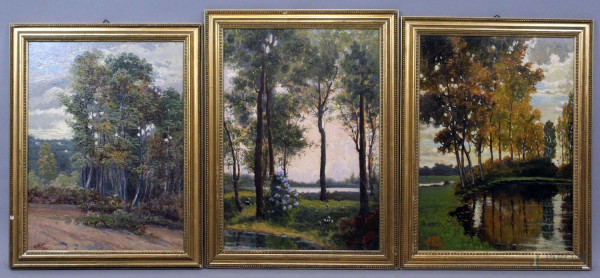 Lotto di tre dipinti raffiguranti paesaggi, olio su tavoletta, misure max cm 40,5x39,5, firmati, entro cornici