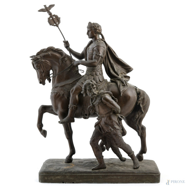 Ottaviano a cavallo, XX secolo, scultura in antimonio, cm 61x21x43, (rotture, difetti, restauri)