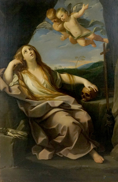 Guido Reni (1575-1642) seguace di,  Maddalena penitente, olio su tela, cm h 173,5x113,5.