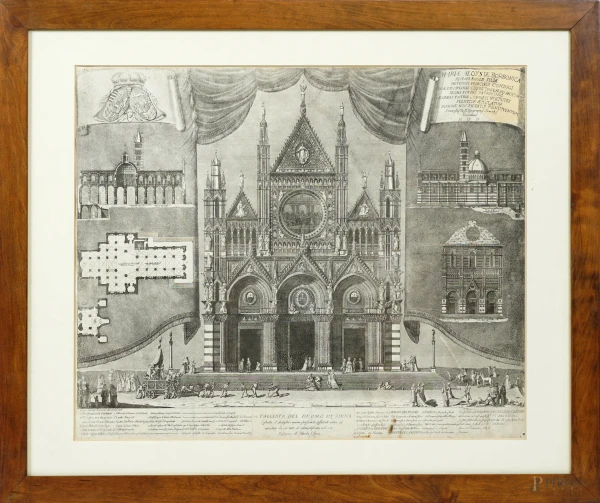 Ciro Santi (notizie fino al 1780), Facciata del Duomo di Siena, acquaforte, 1778, cm 57x69 circa, entro cornice (difetti)