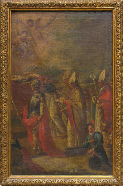 Scuola Marchigiana del XVII secolo, Raffigurazione biblica, olio su tela con sottostante preparazione a bolo rosso tipica dell’Area Marchigiana, cm 103x64, opera in in patina coeva e in prima tela