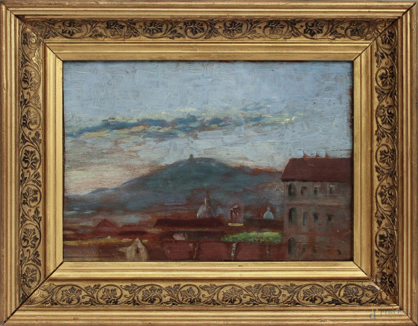 Paese ligure, dipinto ad olio su tavola firmato, cm 22 x 31, entro cornice.