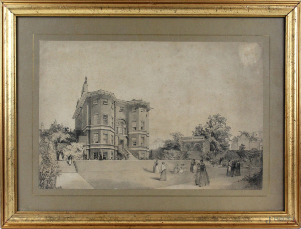 Villa con giardino e dame in svago, matita su carta, cm 26x40, XIX secolo, entro cornice, (macchie).