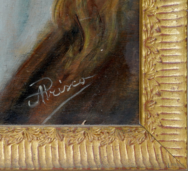 Venere allo specchio, XX secolo, olio su masonite, cm 26x47 entro cornice. Firmato in basso a des...