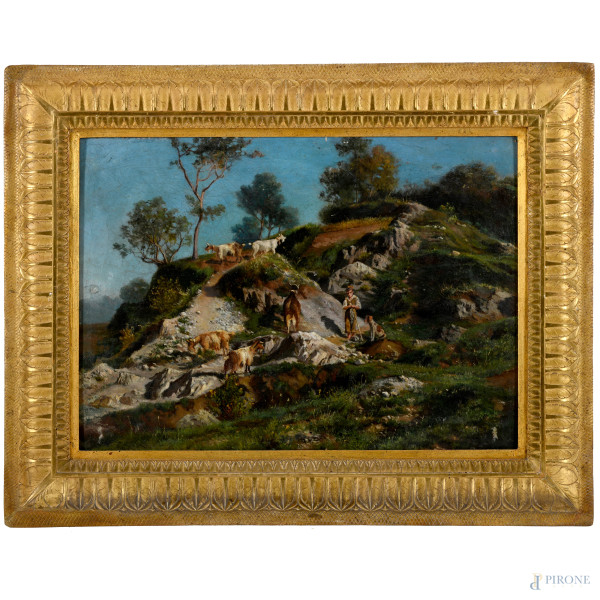Paesaggio con figure e armenti, XIX-XX secolo, olio su tela, cm 44x64 entro cornice, (difetto)