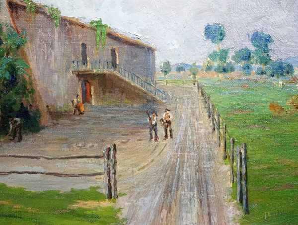 Torre salaria, olio su tela, firmato, cm 80x80, entro cornice