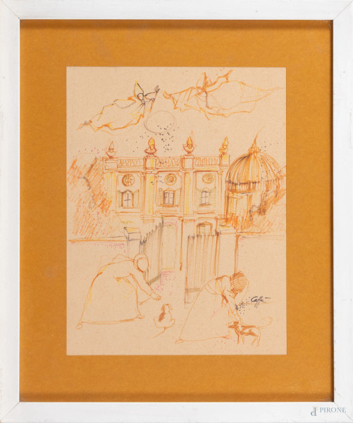 Nino Caffè (1909-1975), Basilica e preti, tecnica mista su carta, cm 38x31, firmato in basso a destra, entro cornice