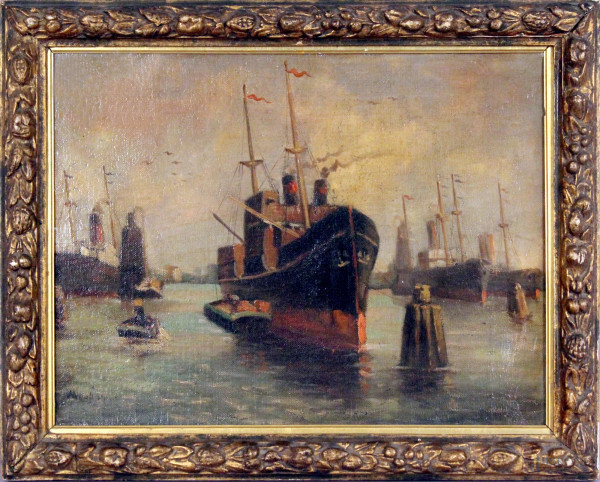 Scorcio di porto con navi, olio su tela, cm. 30x40, firmato, entro cornice.