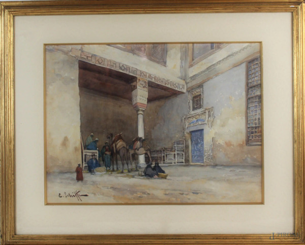 Ezio Schiffi - Scena orientale, acquarello su carta, cm. 36x48, entro cornice.