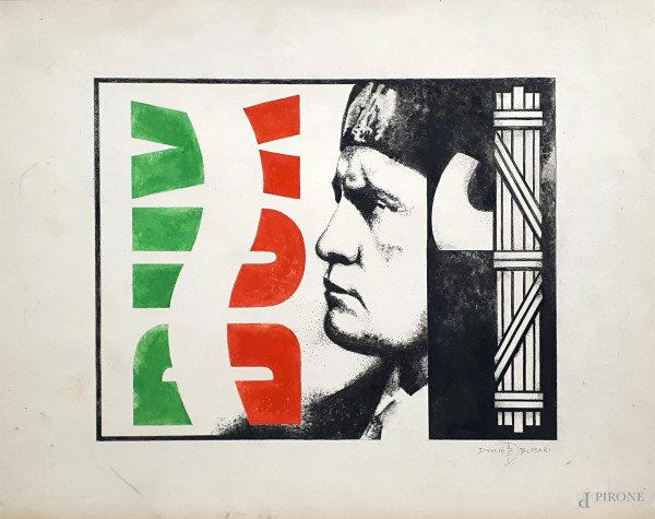 Duilio  Bottari - Propaganda Fascista, DUX, tempera su carta, cm 33x44, firmato in basso a destra, entro cornice