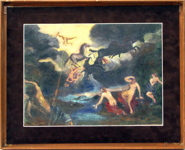 Scena mitologica, olio su tela, cm 29x38, entro cornice.