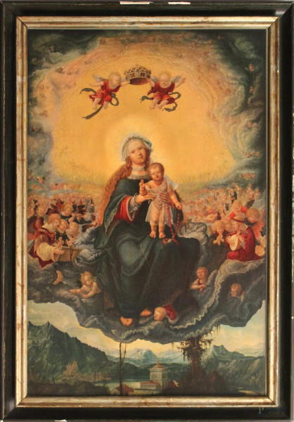 Incoronazione della Madonna, antica stampa su masonite, cm 65 x 42, entro cornice.