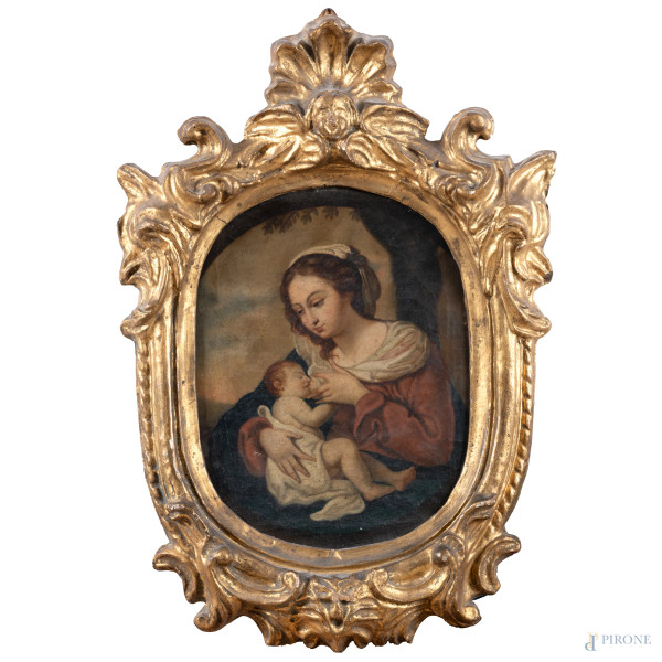 Maternità, XVIII-XIX secolo, olio su tela, cm 31x23,5, entro cornice, (segni di usura, craquelure, difetti, sollevamenti e cadute di colore, ondulazioni del supporto)