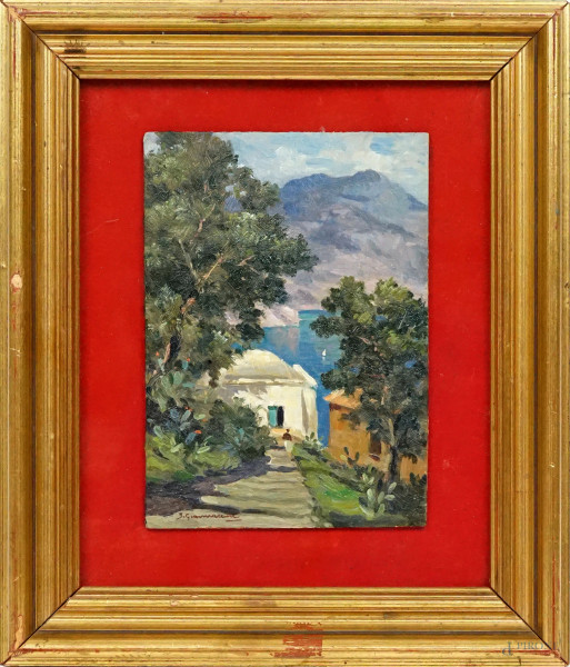 Ilio Giannaccini - Costiera, olio su tavoletta, cm 18,5x13, entro cornice.