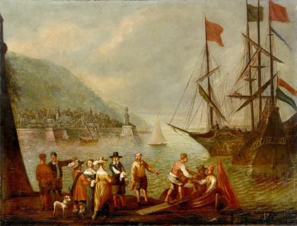 Pittore olandese del XVIII secolo, Porto di Genova, olio su tela, cm 58,5x76,5